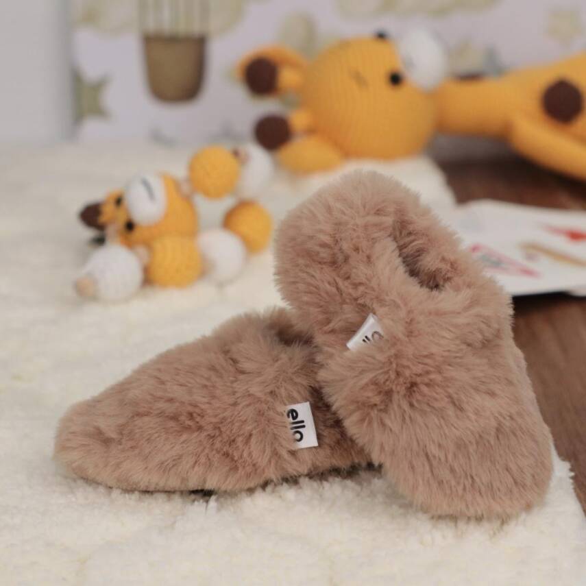 Yumuşak Tüylü ,Organik Bebek Patik, Kaydırmaz Taban Kreş Ayakkabısı, Taba - 30